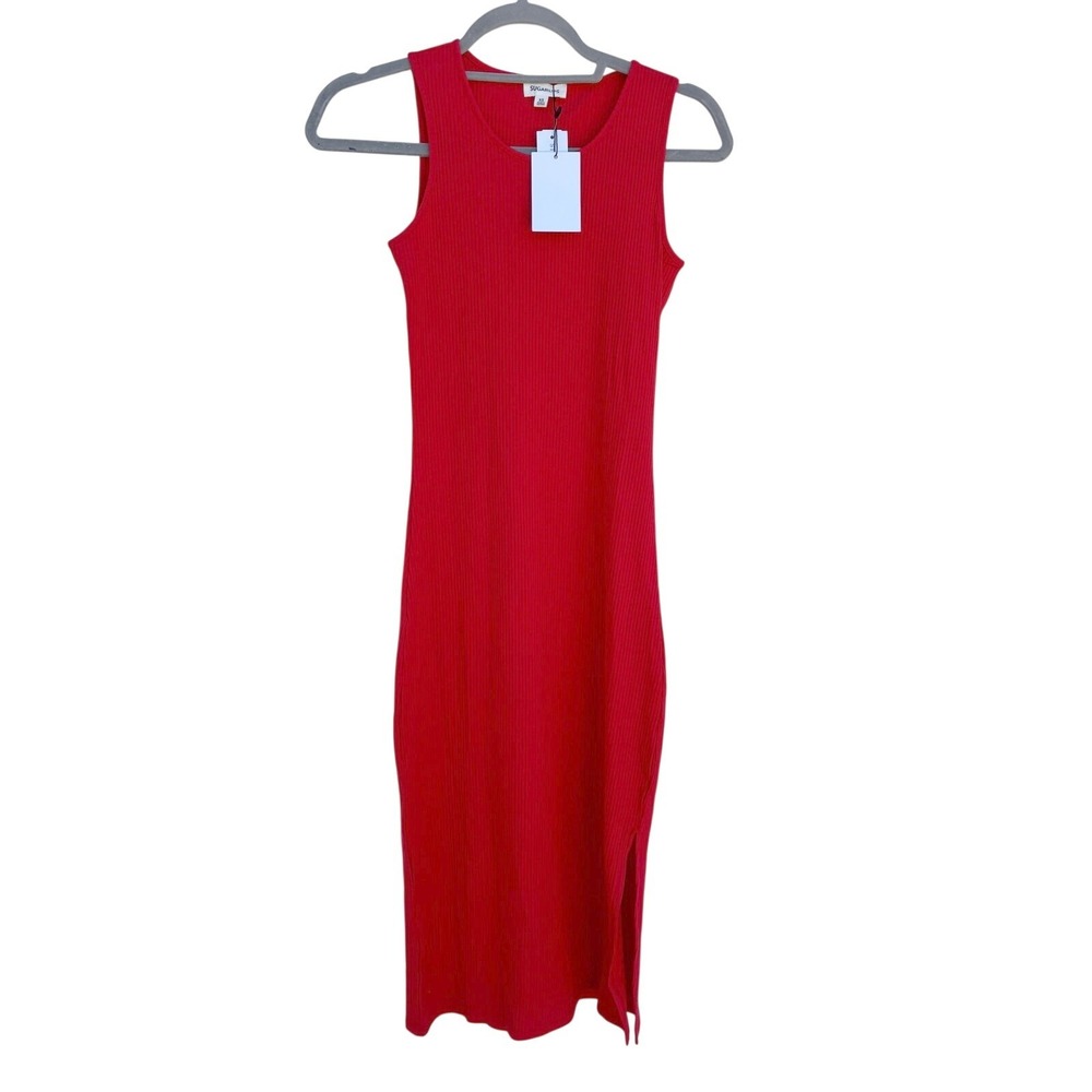 NWT Sugarlips Kofo Fitted Ribbed Midi Dress, Red, Side Slit, Sz XS‎
